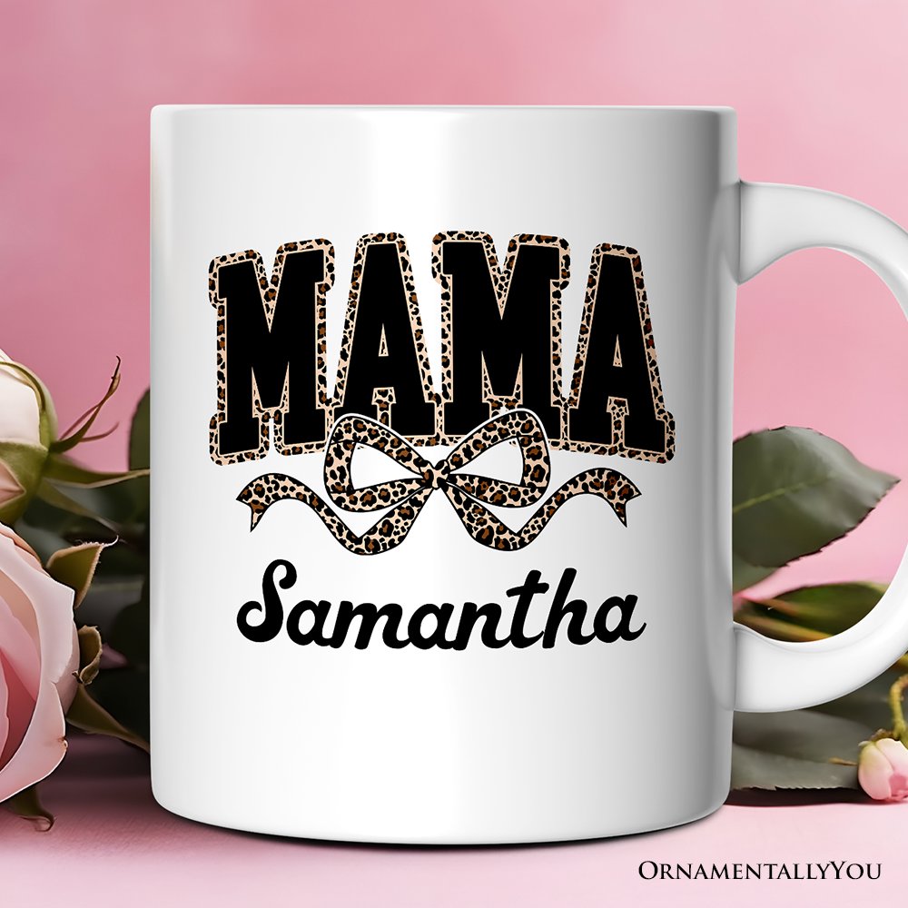 Coquette Leopard Mama Personalized Mug, Retro Bow Varsity Gift with Custom Name