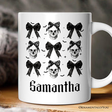Load image into Gallery viewer, Coquette Skulls and Bows Personalized Mug, Gothic &amp; Stylish Halloween Gift with Custom Name

