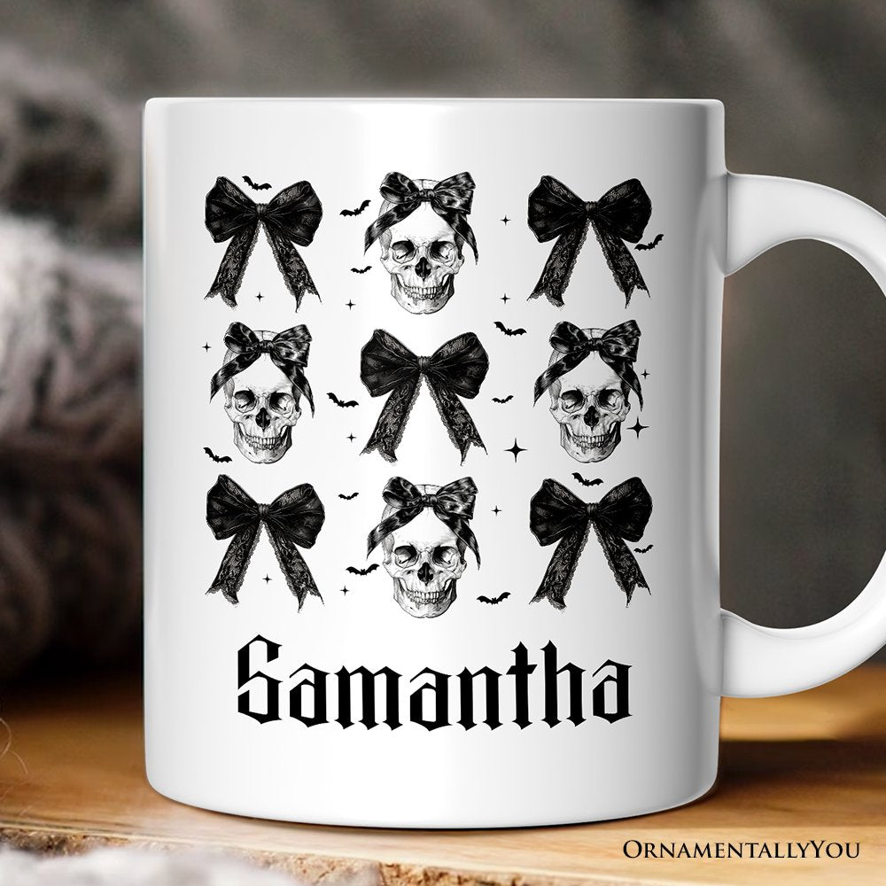 Coquette Skulls and Bows Personalized Mug, Gothic & Stylish Halloween Gift with Custom Name