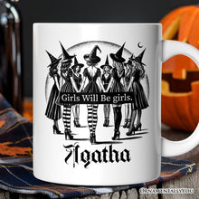 Load image into Gallery viewer, Girls Will Be Girls Personalized Mug, Witchy Halloween Gift with Custom Name for Empowered Women
