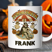 Load image into Gallery viewer, Summerween Vampire Dracula Personalized Mug, Retro Halloween Beach Gift with Custom Name for Horror Spooky Summer Season
