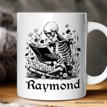 Carregar imagem no visualizador da galeria, Gothic Reading Skeleton Personalized Mug, Floral Halloween Gift with Custom Name
