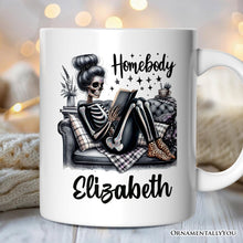 Carregar imagem no visualizador da galeria, Homebody Reading Skeleton Personalized Mug, Funny Lazy Selfcare Gift with Custom Name
