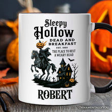 Carregar imagem no visualizador da galeria, Headless Horseman Sleepy Hollow Halloween Personalized Mug, Dead and Breakfast Retro Gift with Custom Name
