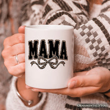 Load image into Gallery viewer, Coquette Leopard Mama Personalized Mug, Retro Bow Varsity Gift with Custom Name
