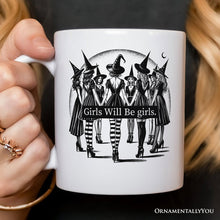 Load image into Gallery viewer, Girls Will Be Girls Personalized Mug, Witchy Halloween Gift with Custom Name for Empowered Women

