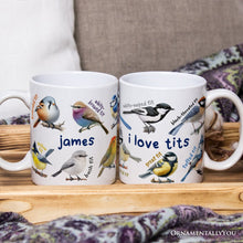 Carregar imagem no visualizador da galeria, Whimsical Bird Tit Personalized Mug, Funny Birdwatcher Gift for Birder With Custom Name
