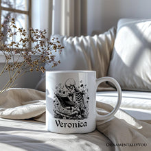 Carregar imagem no visualizador da galeria, Gothic Reading Skeleton Personalized Mug, Floral Halloween Gift with Custom Name
