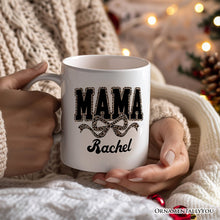 Load image into Gallery viewer, Coquette Leopard Mama Personalized Mug, Retro Bow Varsity Gift with Custom Name
