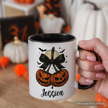 Carregar imagem no visualizador da galeria, Pumpkin Cherries Coquette Bow Personalized Mug, Retro Halloween Gift with Custom Name
