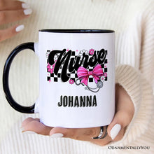 Carregar imagem no visualizador da galeria, Nurse Floral Coquette Pink Bow Personalized Mug, Coquette Medical Worker Gift with Custom Name
