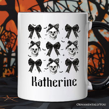 Load image into Gallery viewer, Coquette Skulls and Bows Personalized Mug, Gothic &amp; Stylish Halloween Gift with Custom Name
