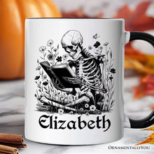 Carregar imagem no visualizador da galeria, Gothic Reading Skeleton Personalized Mug, Floral Halloween Gift with Custom Name
