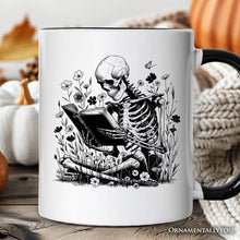 Carregar imagem no visualizador da galeria, Gothic Reading Skeleton Personalized Mug, Floral Halloween Gift with Custom Name
