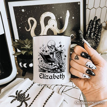 Carregar imagem no visualizador da galeria, Gothic Reading Skeleton Personalized Mug, Floral Halloween Gift with Custom Name
