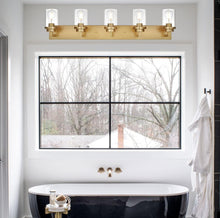 Carregar imagem no visualizador da galeria, MELUCEE Gold Vanity Lights for Bathroom 40 Inches Length, 5-Light Bathroom Lighting Fixtures Over Mirror Wall Mount Lamp with Clear Glass Shade for Vanity Table/Over Sink/Kitchen
