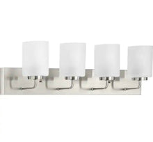 Load image into Gallery viewer, Progress Lighting Merry Collection 30 in. 4-Light Brushed Nickel Etched Glass Transitional Bathroom Vanity Light
