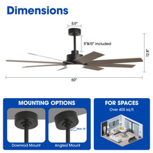 Carregar imagem no visualizador da galeria, 60&quot; DC Motor 8 Blades Modern Downrod Mount Ceiling Fan with LED Light and Remote Control
