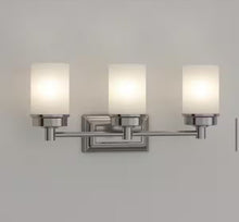 Cargar imagen en el visor de la galería, Hampton Bay Cade 20.25 in. 3-Light Brushed Nickel Bathroom Vanity Light Fixture with Frosted Glass Shades
