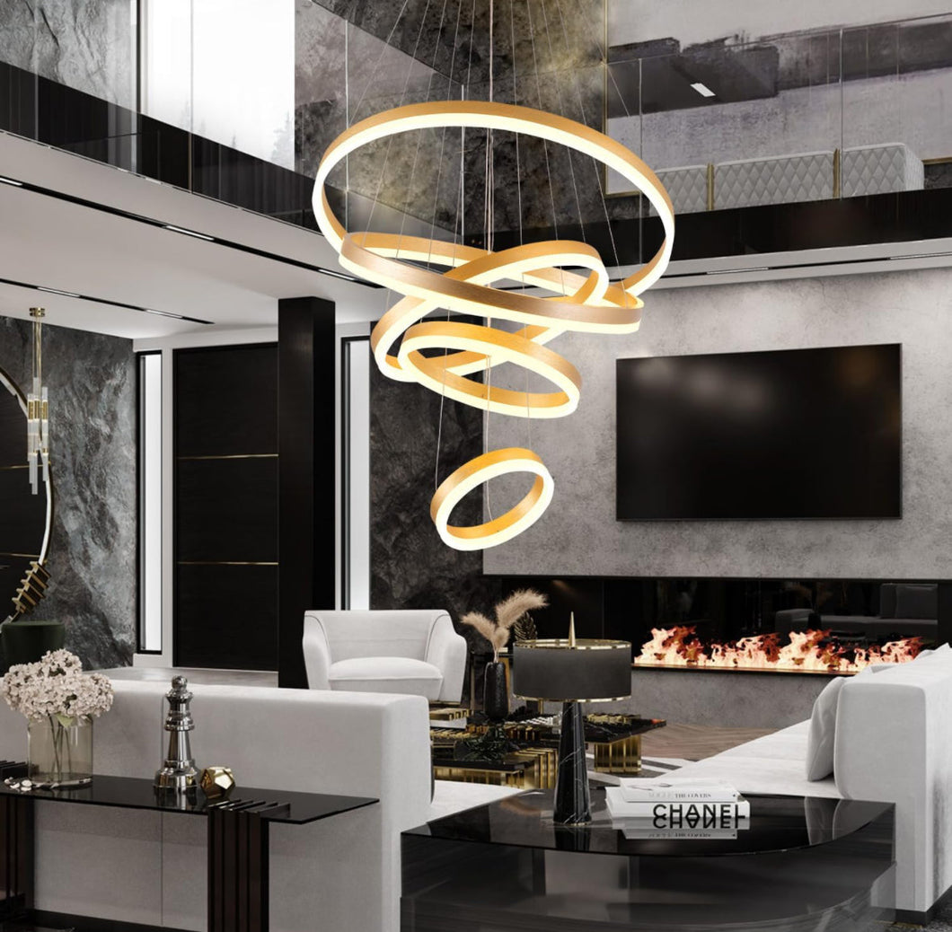 Modern Gold Chandelier 5 Rings Chandelier Dimmable Modern LED Pendant Light, LED Chandelier Lighting Fixture Height Adjustable Ceiling Hanging Modern