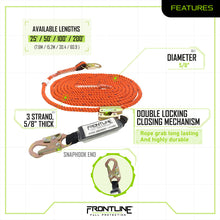 Load image into Gallery viewer, Frontline VLPR3L Premium Vertical Lifeline with Openable Rope Grab and Shock Pack 100&#39;
