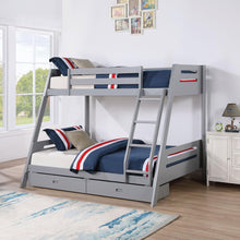 Cargar imagen en el visor de la galería, Solid Wood Twin / Full Bunk Bed with Reversible Angled Ladder and Underbed Drawers
