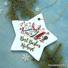 Carregar imagem no visualizador da galeria, Personalized Barber Buffalo Plaid Leopard Merry Christmas Ornament, Barbershop Gift
