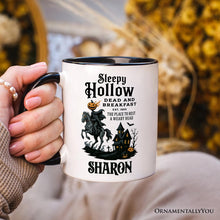 Carregar imagem no visualizador da galeria, Headless Horseman Sleepy Hollow Halloween Personalized Mug, Dead and Breakfast Retro Gift with Custom Name
