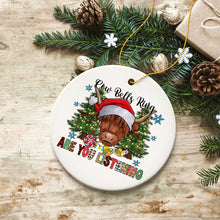 Load image into Gallery viewer, Cow Bells Ring Are You Listening Christmas Ornament, Highland Cow with Santa Hat
