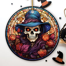 Load image into Gallery viewer, Elegant Skull with Blue Hat Stained Glass Style Ceramic Ornament, Halloween Themed Christmas Gift and Decor
