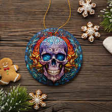 Carregar imagem no visualizador da galeria, Grim Guardian Haunting Skull Stained Glass Style Ceramic Ornament, Halloween Themed Christmas Gift and Decor
