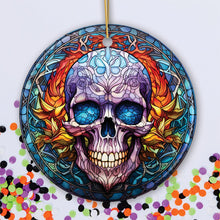 Carregar imagem no visualizador da galeria, Grim Guardian Haunting Skull Stained Glass Style Ceramic Ornament, Halloween Themed Christmas Gift and Decor
