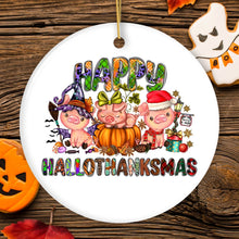 Carregar imagem no visualizador da galeria, Happy Hallothankmas Cute Festive Pigs Holiday Christmas Ornament, Halloween and Thanksgiving Fall Theme
