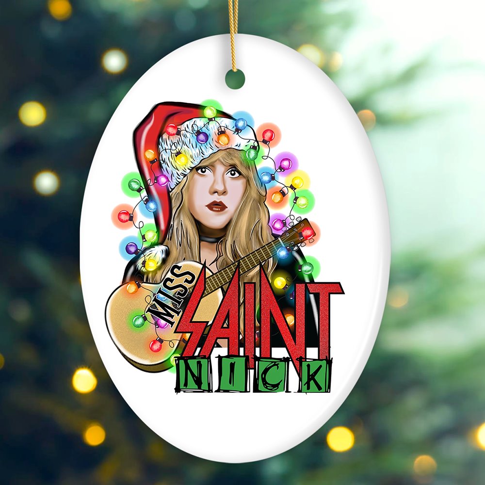 Iconic Miss Saint Nick Bohemian Christmas Ornament, Poetic Guitarist Feminine Rock Theme