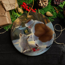 Carregar imagem no visualizador da galeria, It's Almost Christmas Santa Wolf and Curious Mouse Ornament
