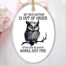 Carregar imagem no visualizador da galeria, Nice Button Out of Order Quirky Owl Ornament, Cute and Funny Christmas Gift
