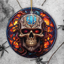 Carregar imagem no visualizador da galeria, Phantom's Grin Sinister Skull Stained Glass Style Ceramic Ornament, Halloween Themed Christmas Gift and Decor

