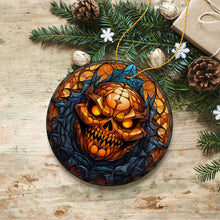 Carregar imagem no visualizador da galeria, Pumpkin Skull with Glowing Red Eyes Stained Glass Style Ceramic Ornament, Halloween Themed Christmas Gift and Decor
