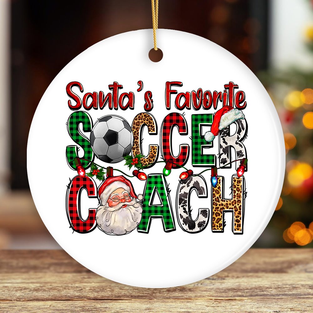Santa’s Favorite Soccer Coach Christmas Plaid Theme Ornament