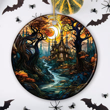 Carregar imagem no visualizador da galeria, Sinister Manor Haunted House Stained Glass Style Ceramic Ornament, Halloween Themed Christmas Gift and Decor
