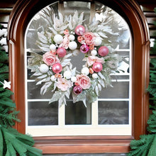 Load image into Gallery viewer, Snow White and Pink Bauble Filled Wreath, Belle Isis Artificial Flowers 22 Inches
