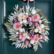 Load image into Gallery viewer, Snow White and Pink Bauble Filled Wreath, Belle Isis Artificial Flowers 22 Inches
