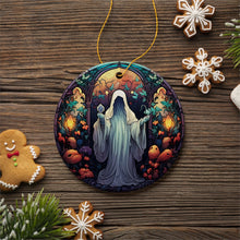 Carregar imagem no visualizador da galeria, Spectral Shivers Hauntingly Scary Ghost Stained Glass Style Ceramic Ornament, Halloween Themed Christmas Gift
