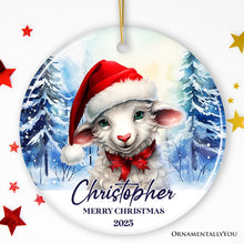 Load image into Gallery viewer, Sheep with Santa Hat Personalized Ornament, Winter Forest Christmas Gift With Custom Name and Date
