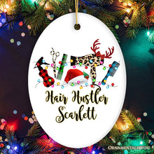 Carregar imagem no visualizador da galeria, Personalized Hair Stylist Buffalo Plaid Leopard Merry Christmas Ornament, Hair Hustler Gift
