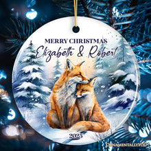 Load image into Gallery viewer, Couple Fox Personalized Ornament, Enchanted Winter Frost Christmas Gift With Custom Names and Date
