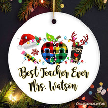 Carregar imagem no visualizador da galeria, Personalized Autism Teacher Buffalo Plaid Leopard Merry Christmas Ornament, Thank You Gift
