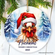 Carregar imagem no visualizador da galeria, Rooster with Santa Hat Personalized Ornament Winter Forest Christmas Gift With Custom Name and Date
