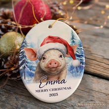 Carregar imagem no visualizador da galeria, Pig with Santa Hat Personalized Ornament, Winter Forest Christmas Gift With Custom Name and Date
