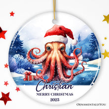 Carregar imagem no visualizador da galeria, Octopus with Santa Hat Personalized Ornament, Festive Christmas Gift With Custom Name and Date
